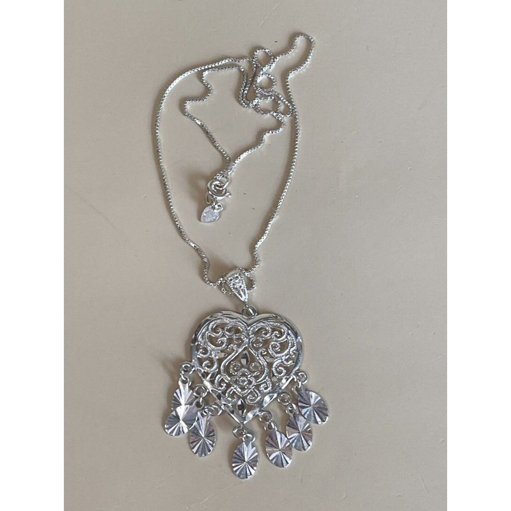 Valentine Dangling Heart Sterling Filigree Necklace 925 Turkey 16" - Picture 7 of 15